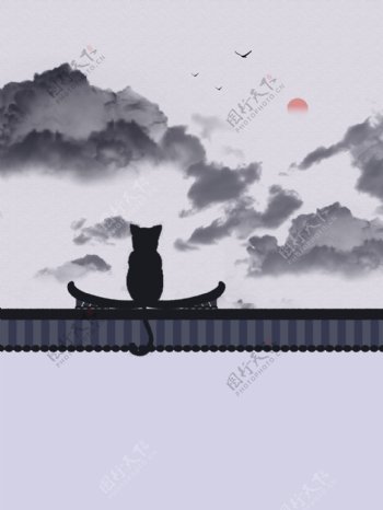 中式写意马头墙猫咪水墨装饰画