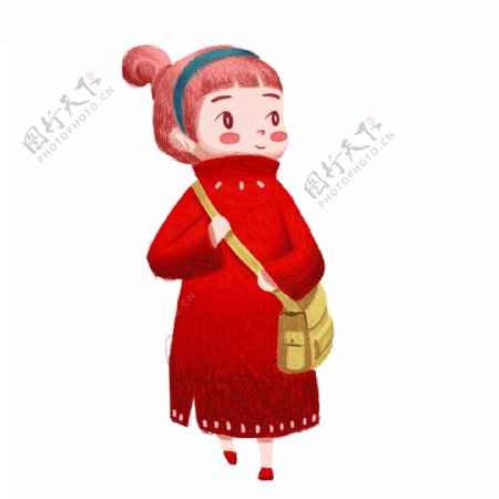 手绘可爱穿着红色长毛衣的女孩原创元素