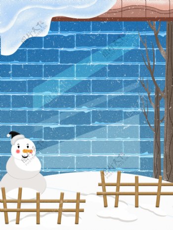 冬日卡通可爱雪人蓝砖背景
