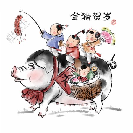 2019春节猪年水墨年画