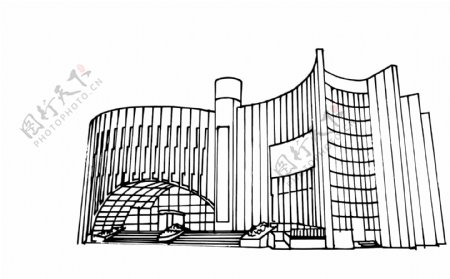 现代建筑场景手绘黑白线条矢量学校建筑