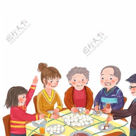 手绘温馨冬至一家人吃饺子