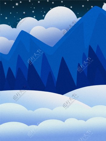 手绘唯美圣诞节蓝色山峰背景素材