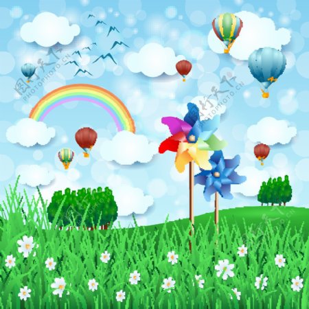 蓝天白云彩虹热气球