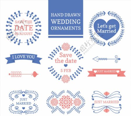 10款蓝色婚礼花纹标签矢量图