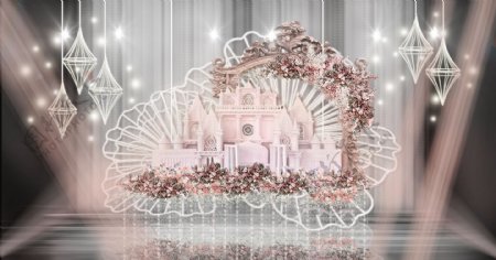 粉色花蕊城堡绽放金相框菱形灯婚礼效果图