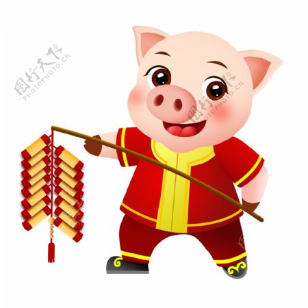 春节放鞭炮的小猪手绘设计