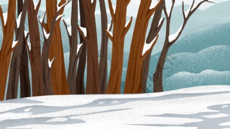 手绘冬季雪地枯树背景素材