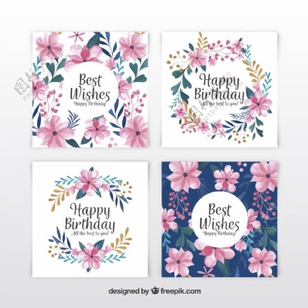 4款彩绘花卉生日卡片矢量素材