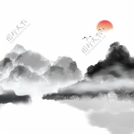 中国风水墨山水意境白鹭向夕阳元素