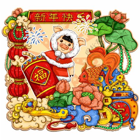 原创手绘中国风年画新年快乐猪年鞭炮春节