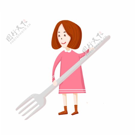 卡通创意拿着叉子的女孩