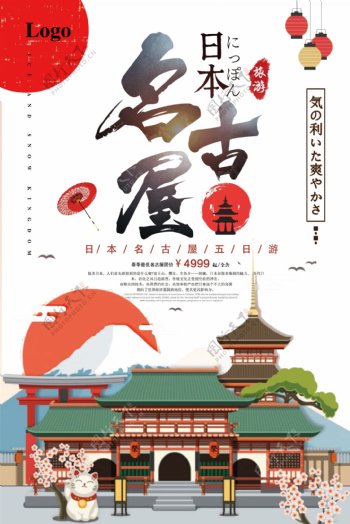 2018年红色插画风日本名古屋旅游海报