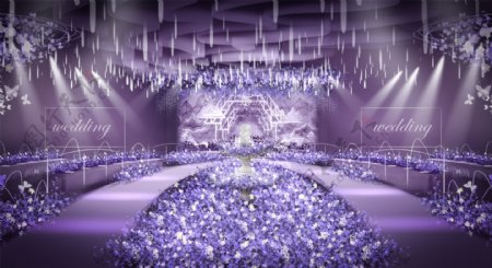 紫色唯美新中式厅内婚礼手绘效果图
