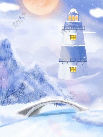 原创冬季风景远方山峰下雪插画
