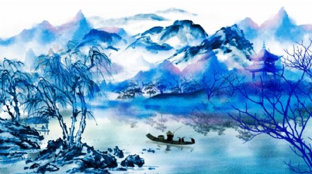 唯美中国复古水墨画色彩风景画中国水墨插画