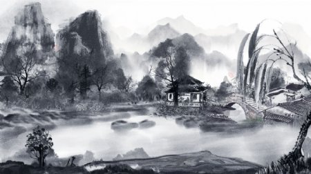 唯美中国复古水墨画风景画中国水墨水彩插画