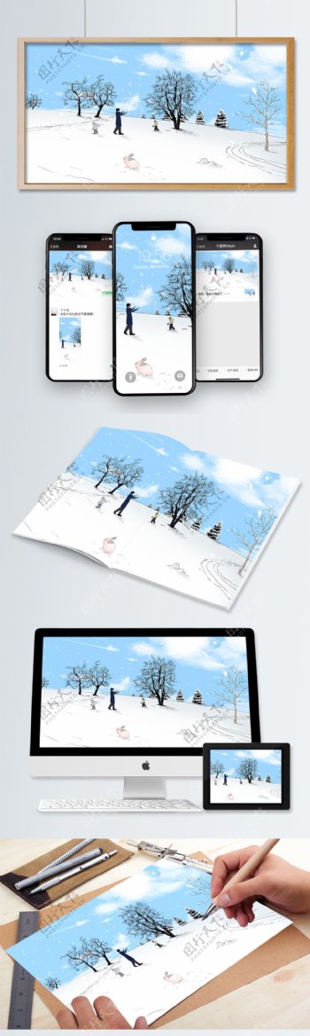原创冬季游玩雪景风景插画