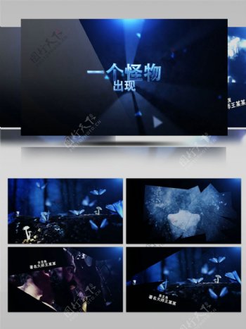 蓝色蝴蝶光效图形变化震撼电影图文宣传片头AE模板文件夹