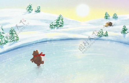 在森林的湖泊里滑冰的小熊