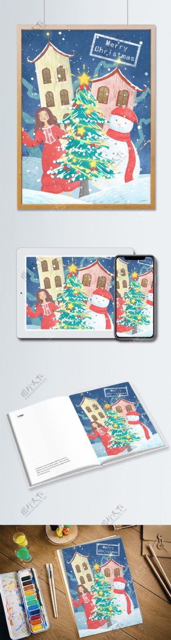 圣诞节肌理写实插画圣诞树下的女孩和雪人