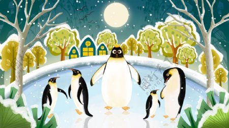 原创二十四节气之立冬企鹅冰上玩耍插画