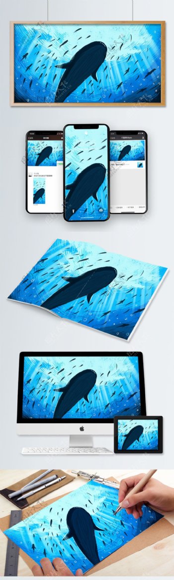 鲸鱼治愈系列蓝色海洋里的鲸鱼插画海报配图
