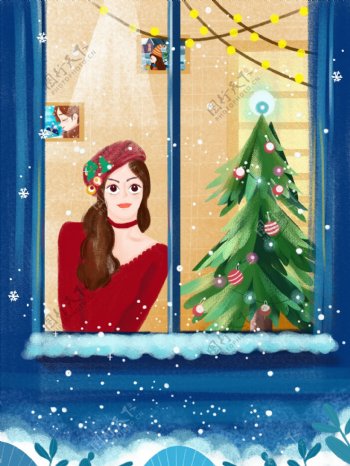 肌理插画圣诞节前夕女孩窗前看雪