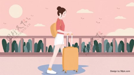 世界旅游日拉行李箱旅游女孩插画