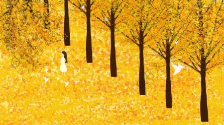 秋天来了银杏林满园秋色原创手绘插画
