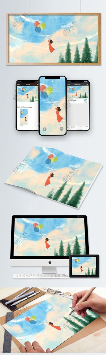 气球环游天空云彩少女手绘插画