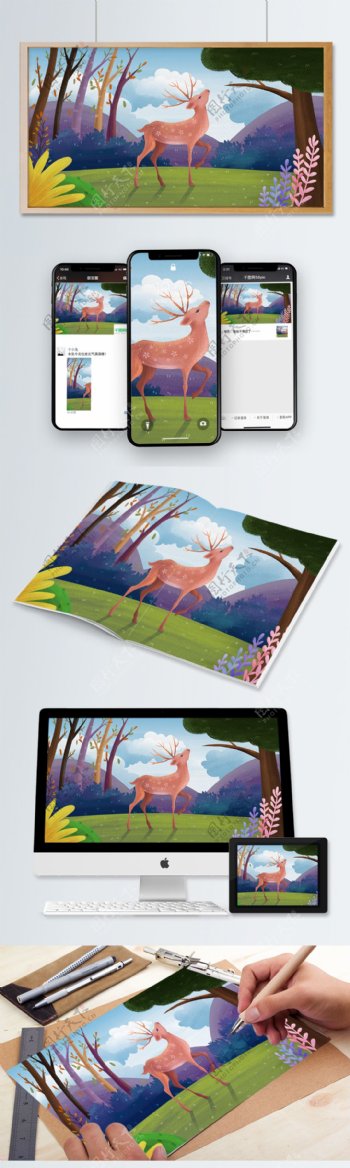 森林与梅花鹿插画背景元素