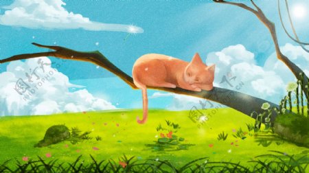 唯美萌宠系列之野外玩耍的小猫咪插画