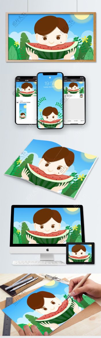 小孩吃西瓜原创插画