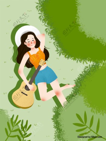 清新草坪上拿着吉他的女孩原创插画