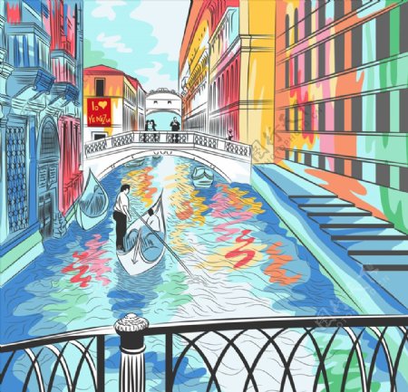 彩色的水城建筑插画
