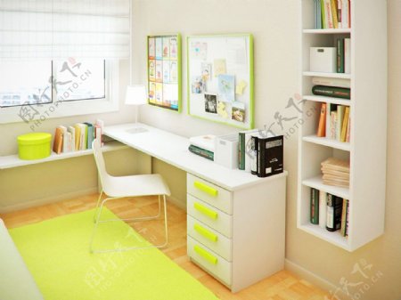 8平米小书房转角书桌书柜装修效果图