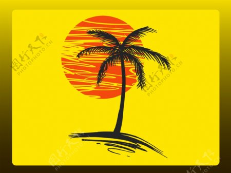 太阳椰子树黄色背景素材