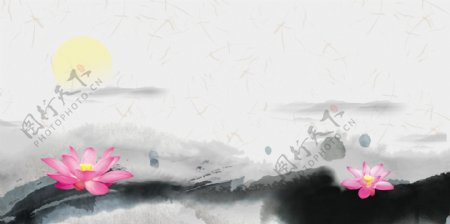 中国风手绘水墨荷花背景图设计