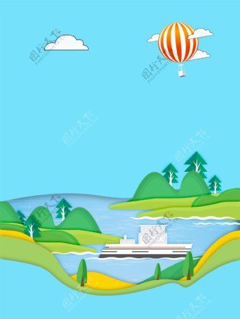 浅蓝色插画热气球旅游宣传设计
