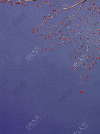 纯手绘原创植物花卉树木复古蓝水彩背景
