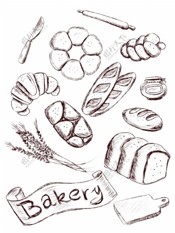 手绘简约素描线条风格面包美食可商用素材