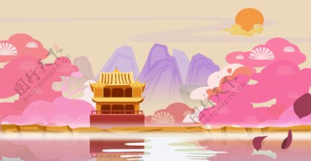 古风场景扁平中国风年货插画海报