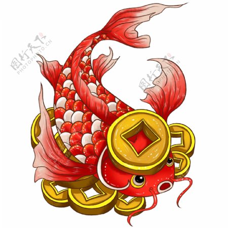 商用手绘新年喜庆中国风动物铜钱鲤鱼元素