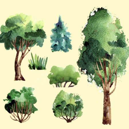 7款水彩绘绿色树木