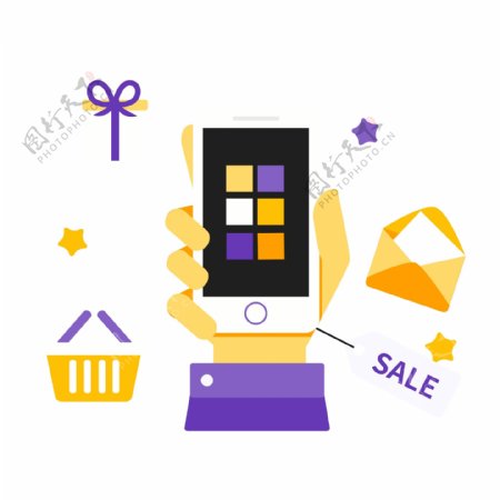 黄紫色手机购物矢量图标