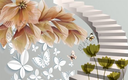 3d立体抽象花卉台阶背景墙
