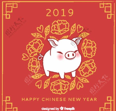 2019年白色猪和牡丹花贺卡