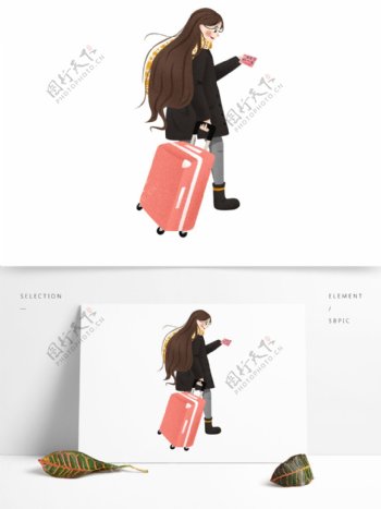 卡通手绘拉着行李回家的女人