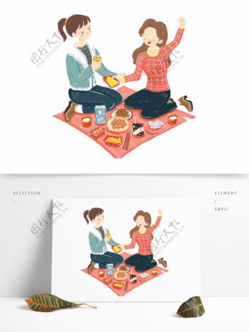 2个野餐的女孩图案元素